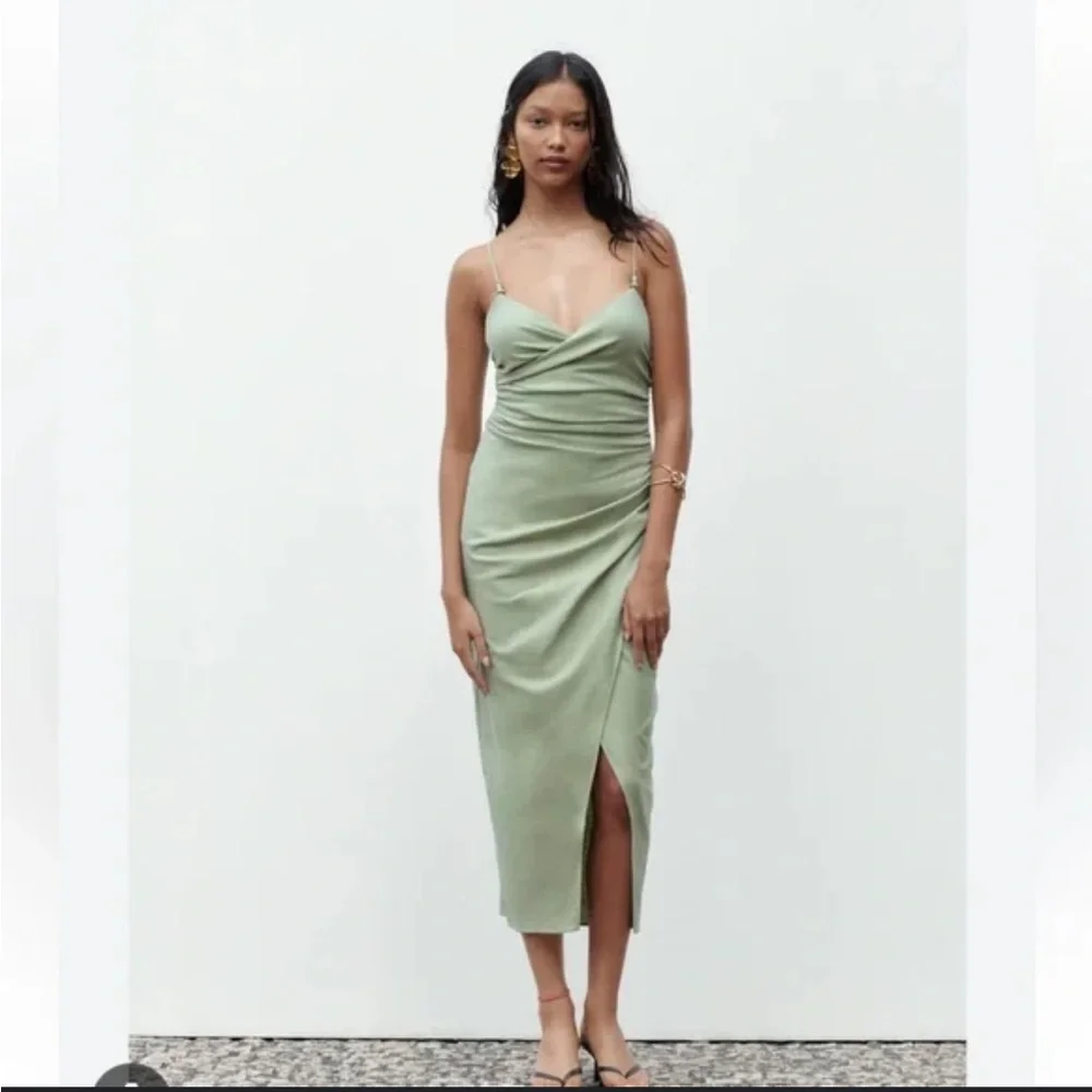 Zara Ruched Linen Blend Midi Dress Sea Green Size XS - Picture 1 of 11